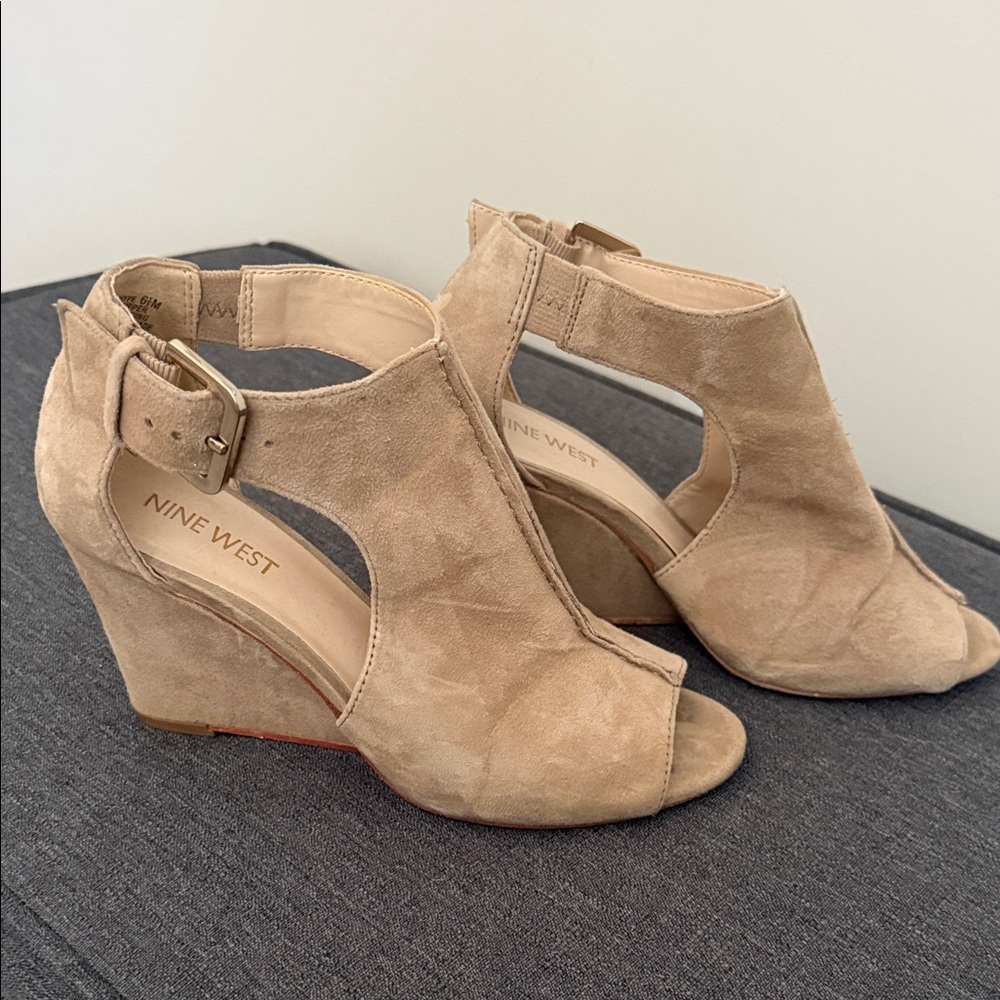 Nine West Tan Suede Open-Toe Ankle Booties